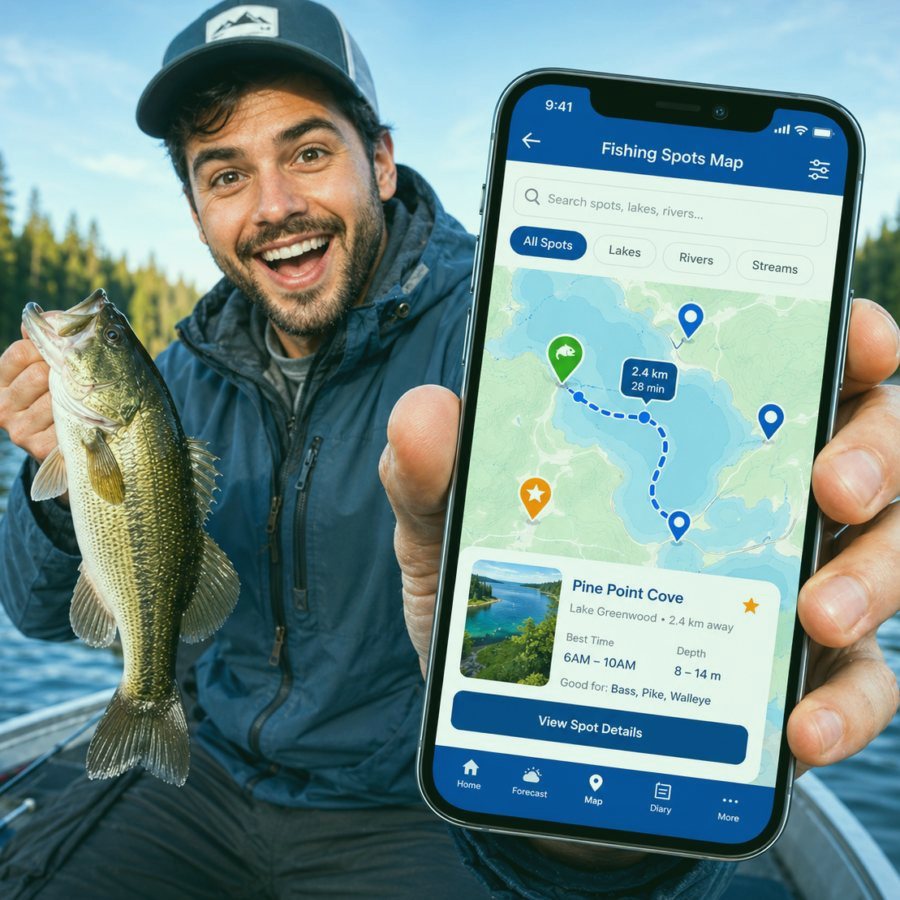 Fishing Assistant app screen with forecast and map