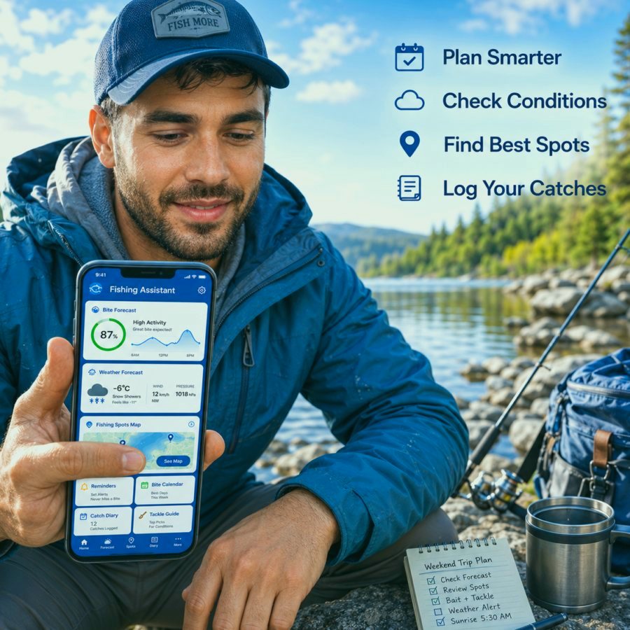 Fishing map screen with saved spots